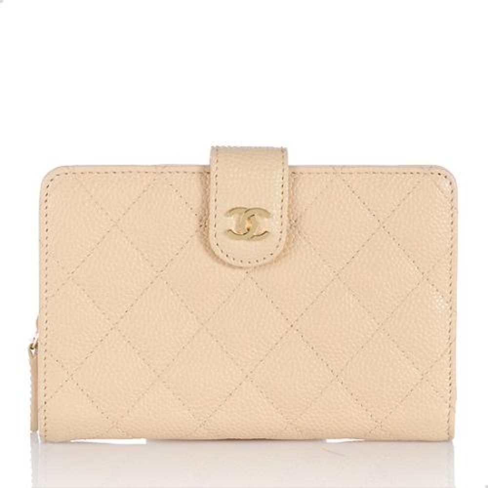 Chanel Beige Quilted Caviar Leather Zip Pocket Wallet SKU 60883